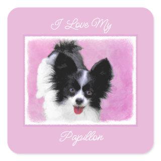 Papillon (White and Black) Painting - Dog Art Squa Square Sticker