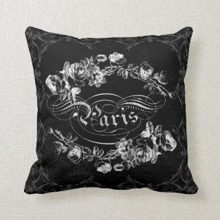 Paris Calligraphy Vintage Flowers Black and White Throw Pillow