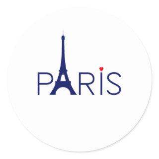 Paris France Eiffel Tower Text and Heart Classic Round Sticker