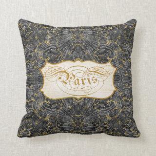 Paris Script Vintage Marble Black n Gold Glitter Throw Pillow