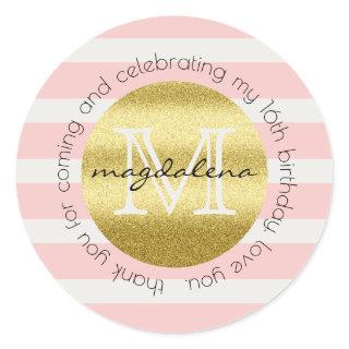 Party Favor Monogram Gold Glitter Pink Stripes Classic Round Sticker