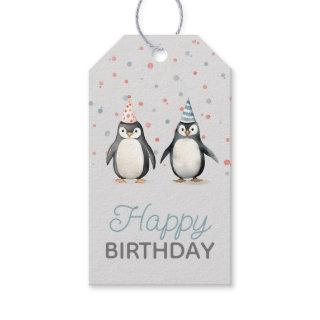 Party Penguins, watercolor, birthday Gift Tags