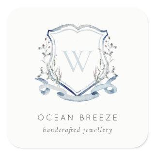 Pastel Blue Wildflower Watercolor Crest Monogram Square Sticker