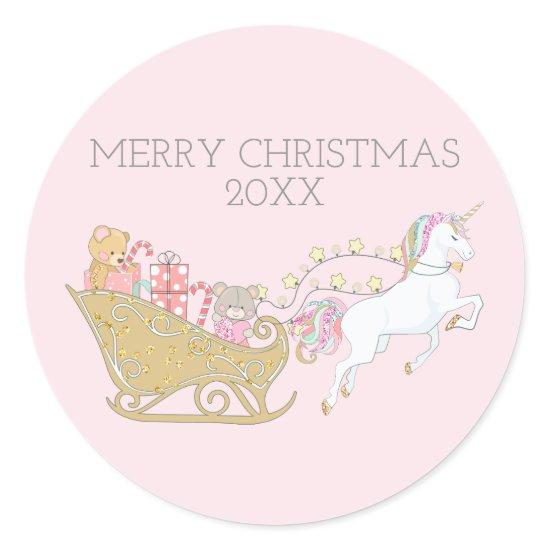 Pastel Christmas Unicorn Santa's Sleigh Pink Classic Round Sticker