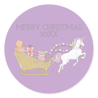 Pastel Christmas Unicorn Santa's Sleigh Purple Classic Round Sticker