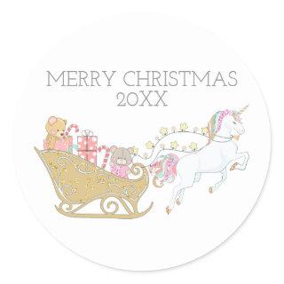 Pastel Christmas Unicorn Santa's Sleigh White Classic Round Sticker