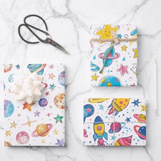 Pastel colors space planets on white background  sheets