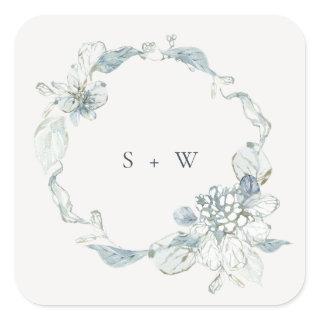 Pastel Dusky Blue Floral Wreath Wedding Monogram Square Sticker