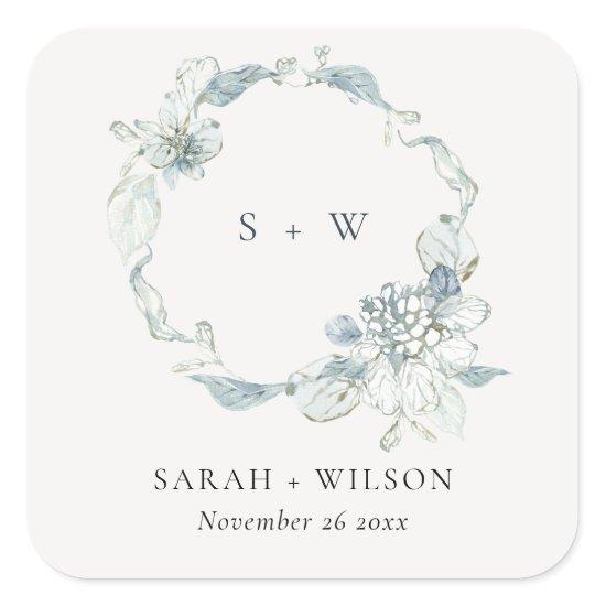 Pastel Dusky Blue Floral Wreath Wedding Monogram  Square Sticker