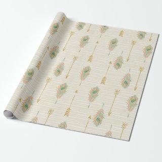 Pastel Feathers & Gold Arrows Gift Wrap Paper
