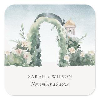 Pastel Floral Green Garden Arch Botanical Wedding Square Sticker