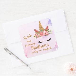 Pastel Floral Unicorn Birthday  with Name Party Square Sticker