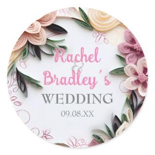 Pastel Floral Wedding Circle Frame Paper Quilling Classic Round Sticker