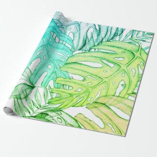 Pastel monstera palm leaf tropical watercolor