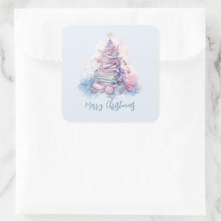 Pastel Pink and Blue Stacked Books Christmas Tree Square Sticker
