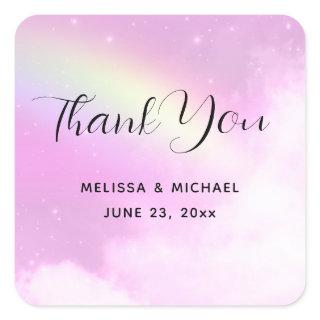 Pastel Pink Sky with Yellow Rainbow Thank You Square Sticker