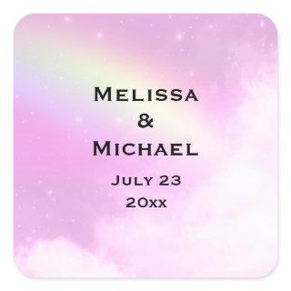 Pastel Pink Sky with Yellow Rainbow Wedding Square Sticker