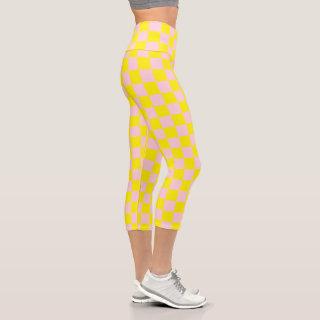 Pastel Pink Yellow Checkered Checkerboard Vintage Capri Leggings