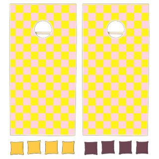 Pastel Pink Yellow Checkered Checkerboard Vintage Cornhole Set