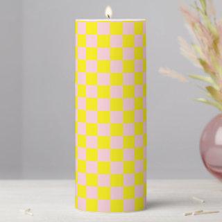 Pastel Pink Yellow Checkered Checkerboard Vintage Pillar Candle