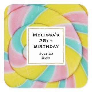 Pastel Rainbow Spiral Candy Photo Party Square Sticker