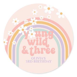 Pastel rainbow young Wild three 3rd birthday Classic Round Sticker