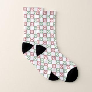 Pastel Red green and white dog paw print pattern  Socks