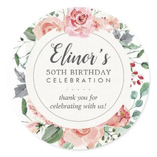Pastel Red Rose Floral 50th Birthday Thank You Classic Round Sticker