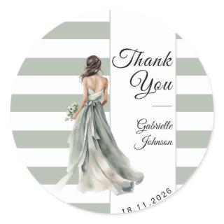 Pastel Sage Green Stripes Bride Bridal Shower  Classic Round Sticker