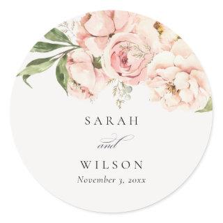 Pastel Soft Blush Peach Peony Floral Wedding Classic Round Sticker