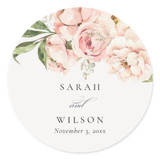 Pastel Soft Blush Peach Peony Floral Wedding Classic Round Sticker