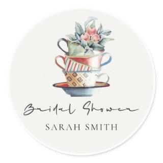 Pastel Stacked Cups Floral Bridal Shower Tea Party Classic Round Sticker