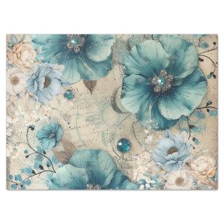 Pastel Teal & Blue Watercolor Florals Tissue Paper