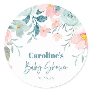 Pastel Teal Pink Floral Baby Shower Custom Classic Round Sticker