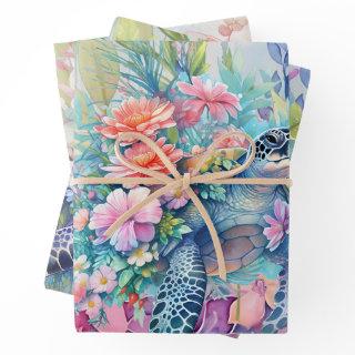 Pastel Watercolor Floral Sea Turtles   Sheets