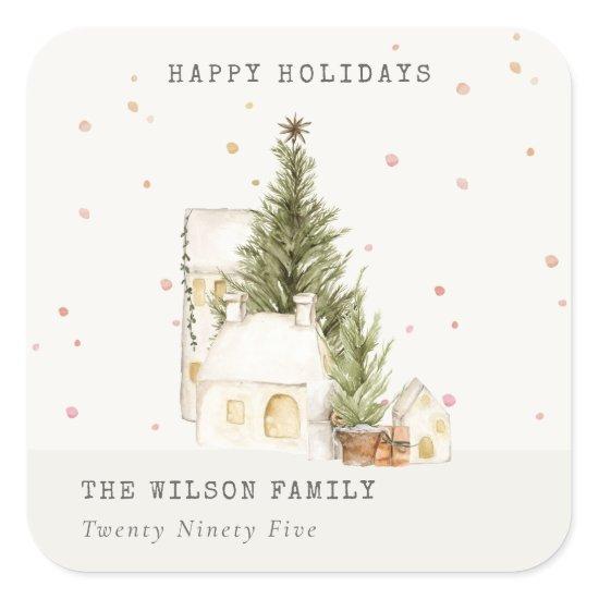 Pastel White Snow Tree Houses Seasons Greetings Square Sticker