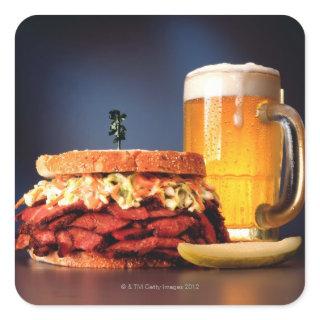 Pastrami sandwich with mug of beer square sticker