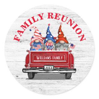 Patriotic Gnome Vintage Red Truck Family Reunion Classic Round Sticker