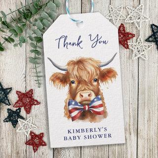 Patriotic Highland Cow Farm Animal Baby Shower Gift Tags