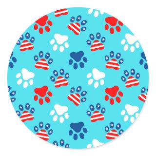 Patriotic Red White and Blue Dog Paws Pattern Classic Round Sticker