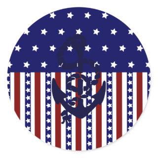Patriotic Stars Stripes Anchor Sailor Pattern Classic Round Sticker