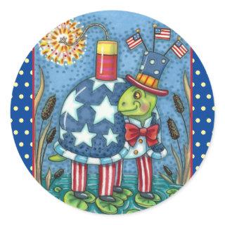 PATRIOTIC UNCLE SAM TURTLE, FUNNY FIRECRACKER Cute Classic Round Sticker