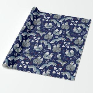 Pattern Of Blue Polar Foxes, Plants On Navy Blue
