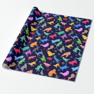 Pattern Of Colorful Cats. Navy Blue Background