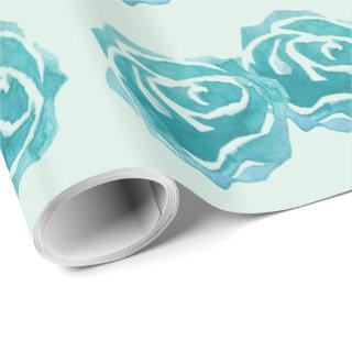 Pattern with 3 Large Teal Watercolor Roses