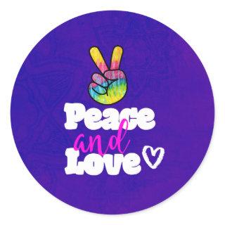 Peace and Love Typography Rainbow Hand Peace Sign Classic Round Sticker