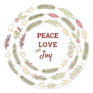 Peace Love Joy Simple Rustic Christmas Foliage Classic Round Sticker