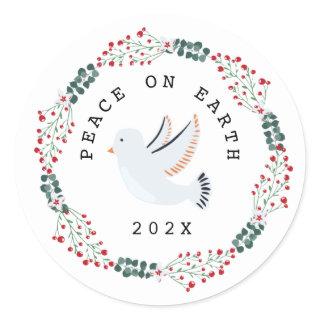 Peace on Earth Dove Modern Botanical Wreath Classic Round Sticker