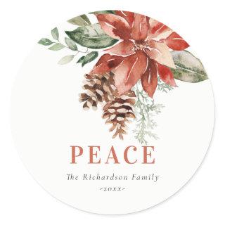 Peace Poinsettia Bunch Watercolor Pine Christmas Classic Round Sticker