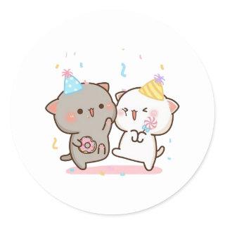 Peach And Goma Mochi Cat, Happy Birthday Classic Round Sticker